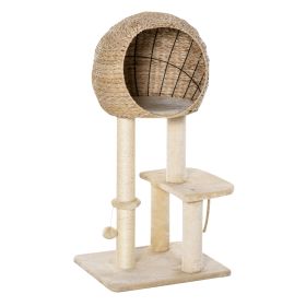 PawHut Modern Cat Tree with Sisal Scratching Post Condo and Hanging Rope 39"H, Beige