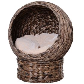 PawHut Handmade Wicker Elevated Cat Bed with Cushion Dark Brown for Kittens