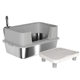 PawHut Stainless Steel Litter Box with High Sides, Metal Cat Litter Box with Scoop, Pedal, Anti-Urine Leakage, Non-Sticky
