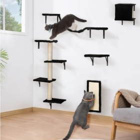 5 Pcs Wall Mounted Cat Climber Set  Floating Cat Shelves And Perches  Cat Activity Tree With Scratching Posts  Modern Cat Furniture (Color: Black)